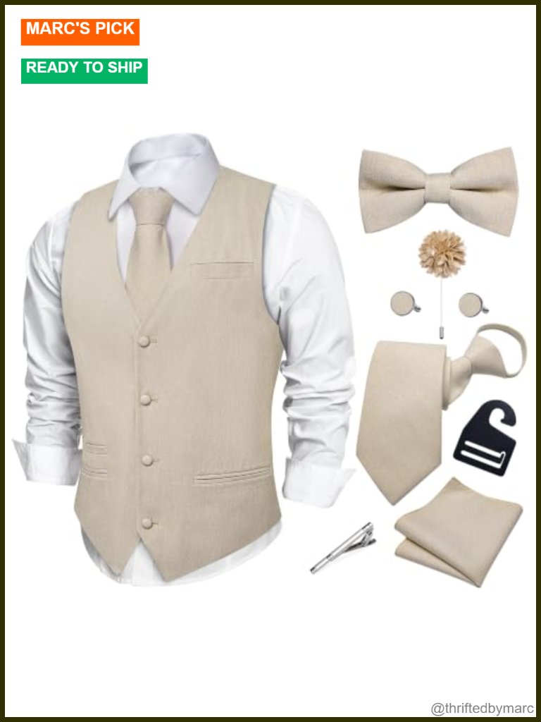 8 Piece Linen Blend Suit Vest Set With Zipper Tie, Pre-Tied Bowtie, Pocket